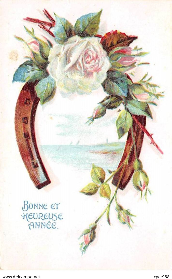 Nouvel An - N°87477 - Bonne Et Heureuse Année - Rose Décorant Un Fer à Cheval - Carte Gaufrée - Neujahr