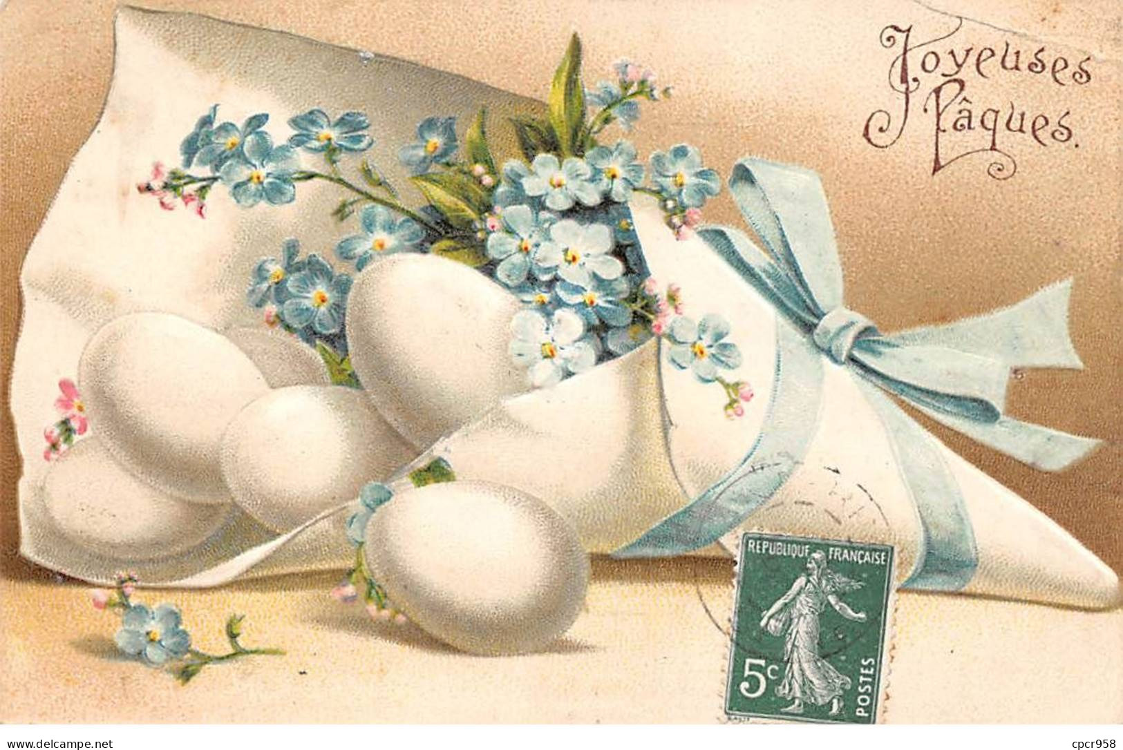 Pâques - N°87456 - Joyeuses Pâques - Oeufs Et Myosotis Dans Un Cornet - Carte Gaufrée, Pliée Vendue En L'état - Ostern