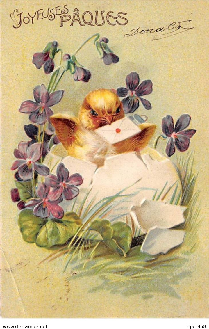 Pâques - N°87453 - Joyeuses Pâques - Poussin Sortant D'un Oeuf Entouré De Violettes - Carte Gaufrée - Ostern