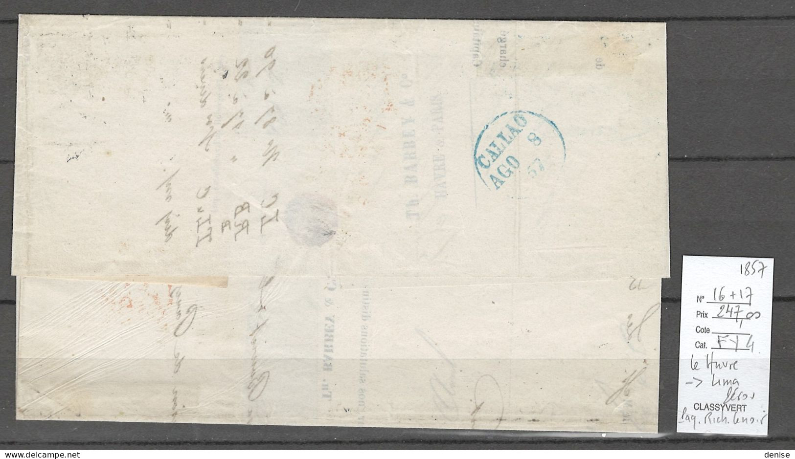 France - Lettre Le Havre Pour Lima - Pérou - 1857 - Paquebot Richard Lenoir - Yvert 16 + 17 - Schiffspost