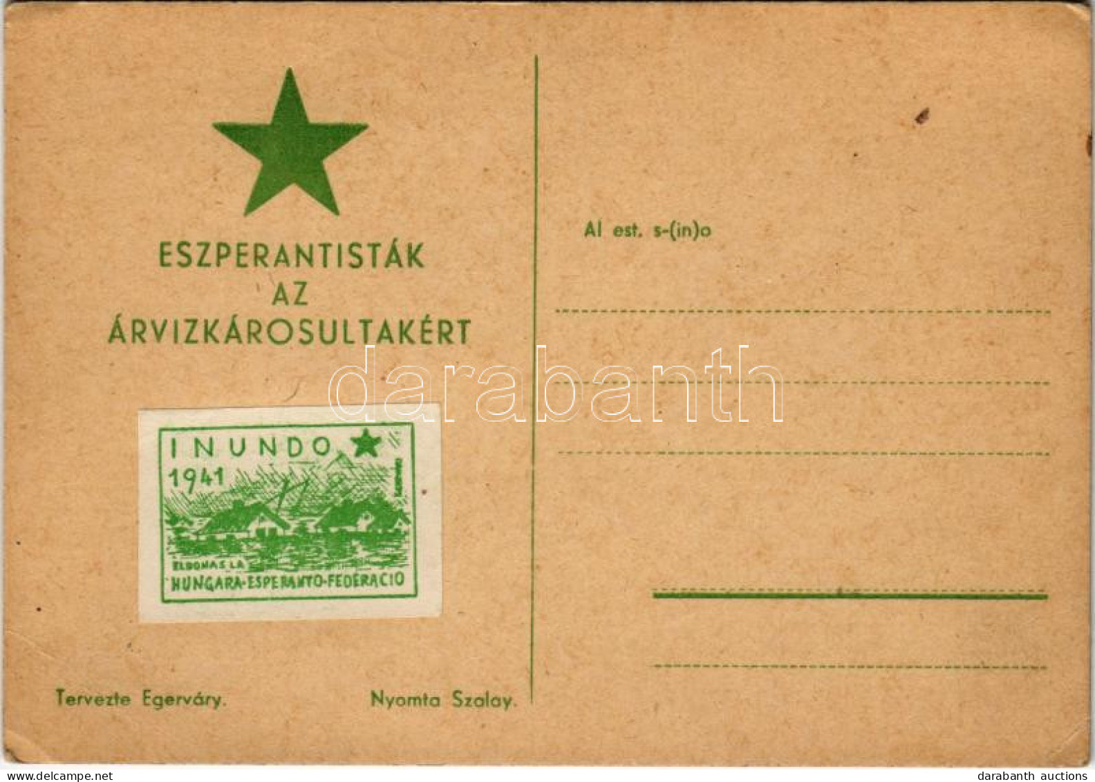 ** T2/T3 1941 Eszperantisták Az Árvízkárosultakért. Tervezte Egerváry (EK) - Sin Clasificación