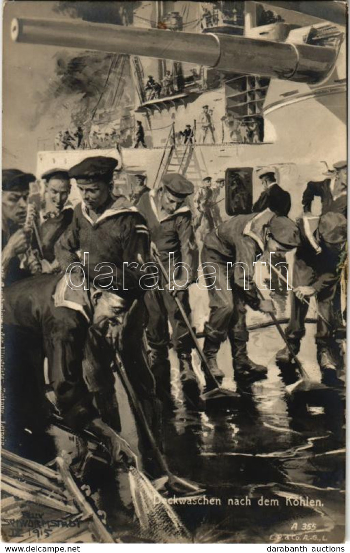 T2/T3 Deckwaschen Nach Dem Kohlen / WWI German Navy (Kaiserliche Marine) Art Postcard, Mariners Washing The Deck S: Feli - Unclassified