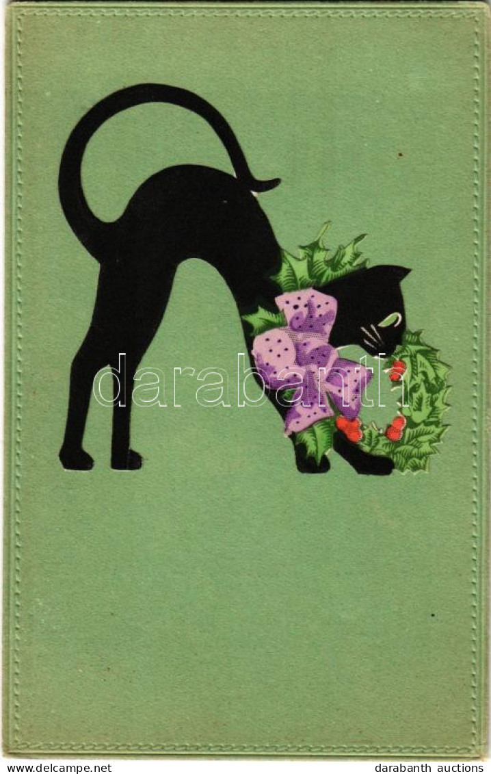 T2/T3 1929 Fekete Macska Koszorúval, Kézzel Készült Képeslap / Black Cat, Hand-made Postcard - Unclassified