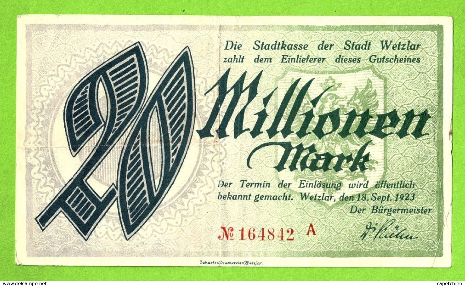 ALLEMAGNE / NOTGELD Der STADT WETZLAR / 20 MILLIONEN  MARK /  N° 164842 A / 18 SEPTEMBRE 1923 - [11] Local Banknote Issues