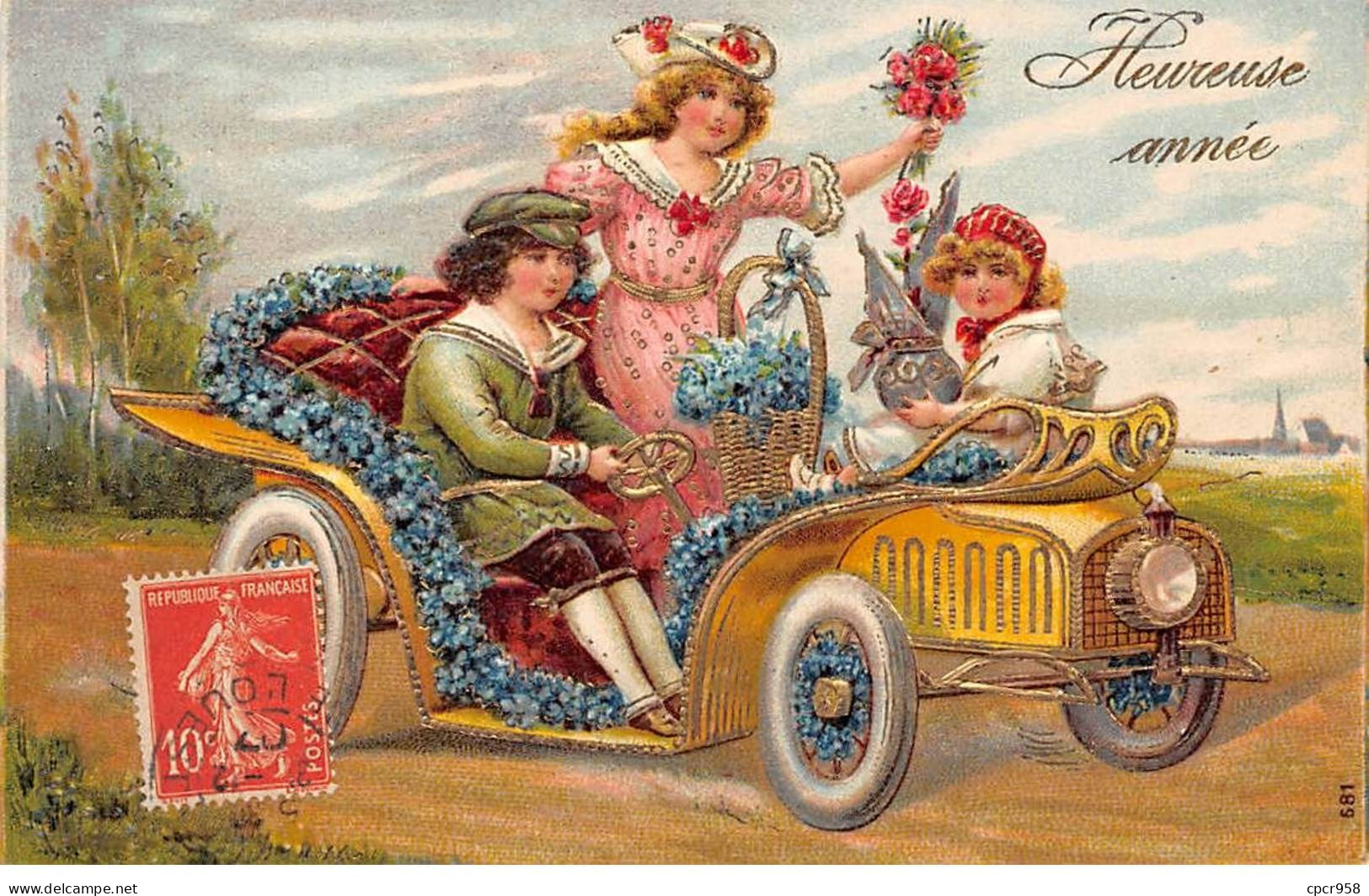 FANTAISIES - SAN65097 - Heureuse Année - Homme Et Femmes Dans Une Voiture - Carte Gaufrée - Otros & Sin Clasificación