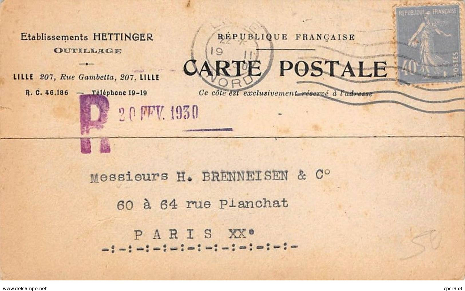 59 - N°89504 - LILLE - Etablissement Hettinger - Outillage - Carte Publicitaire - Cambrai