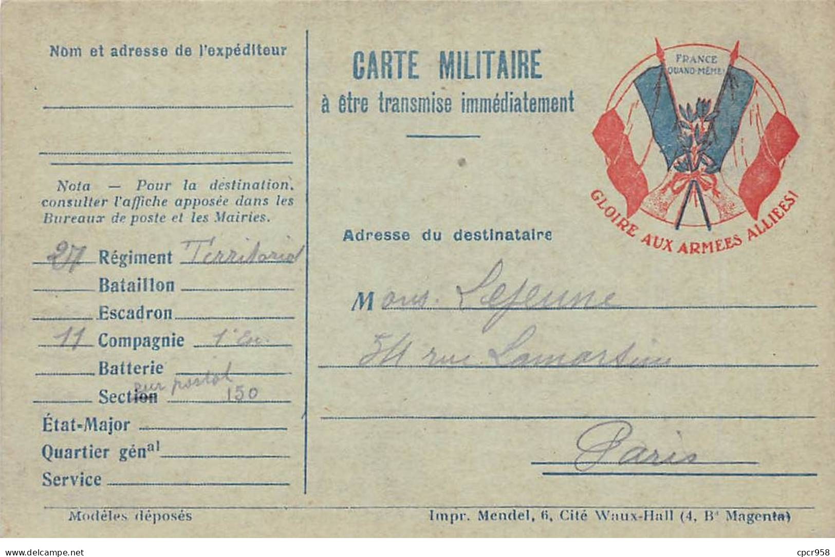 Militaire - N°88981 - Carte Militaire  - Drapeaux Français - Gloire Aux Armées Alliées - Other & Unclassified