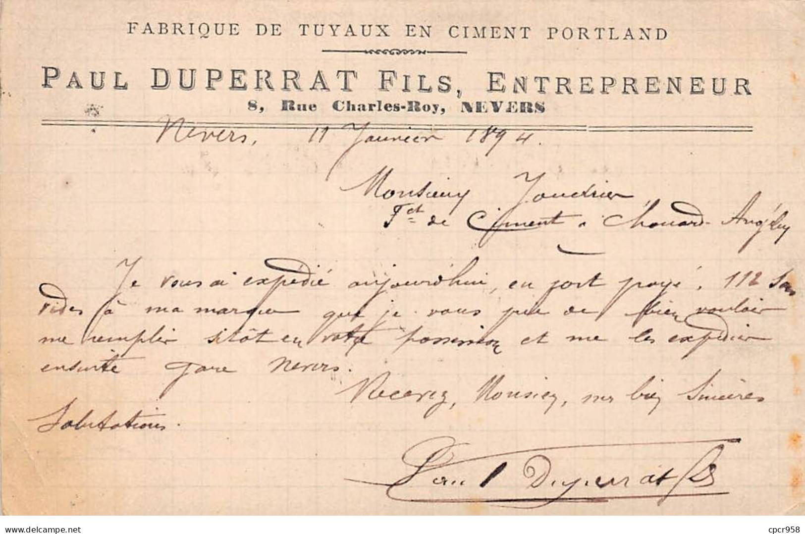 58 - N°90431 - NEVERS - Fabrique De Tuyaux En Ciment Portland Paul Duperrat Fils - Carte Précurseur 1894 - Nevers