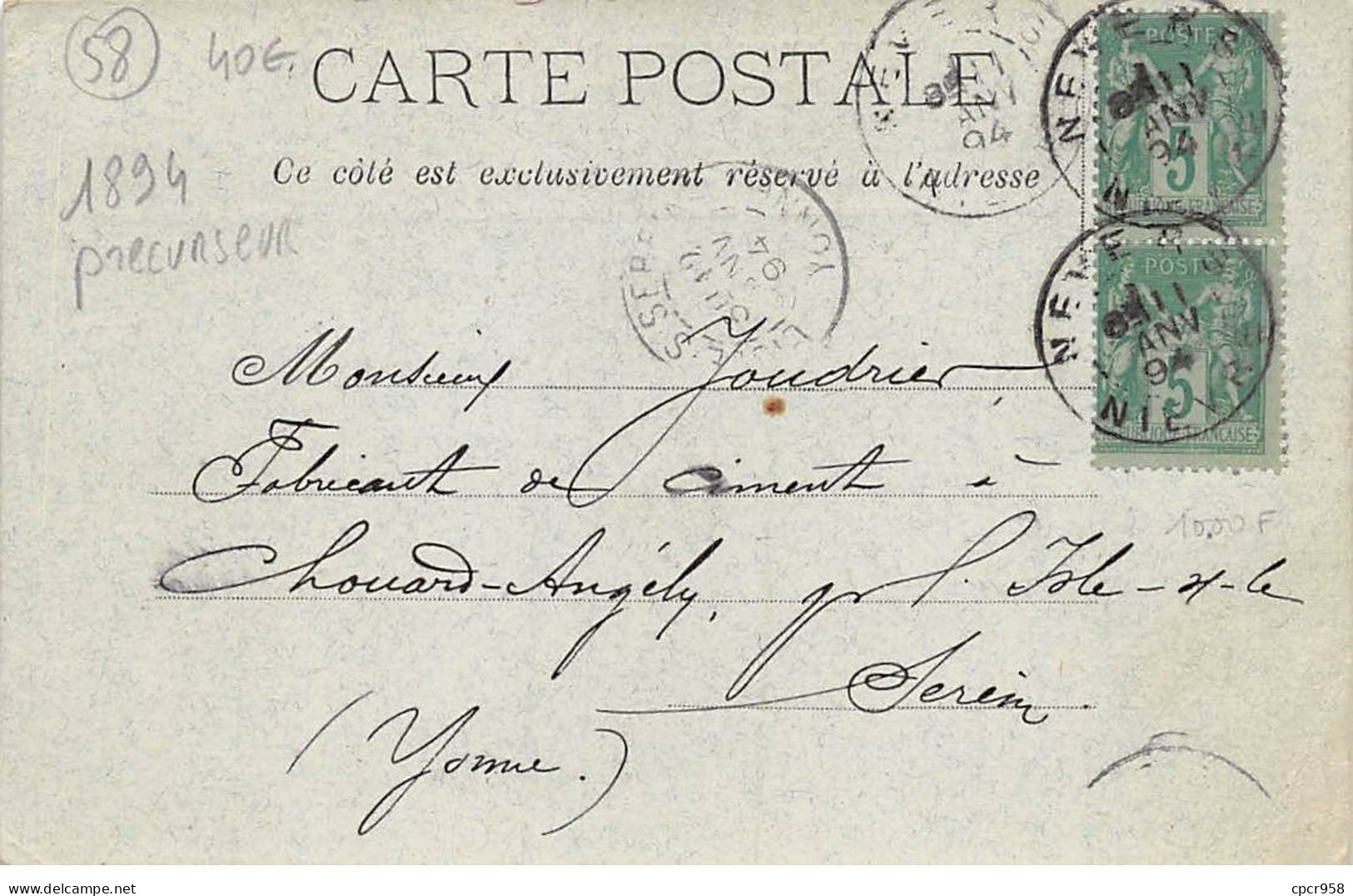 58 - N°90431 - NEVERS - Fabrique De Tuyaux En Ciment Portland Paul Duperrat Fils - Carte Précurseur 1894 - Nevers