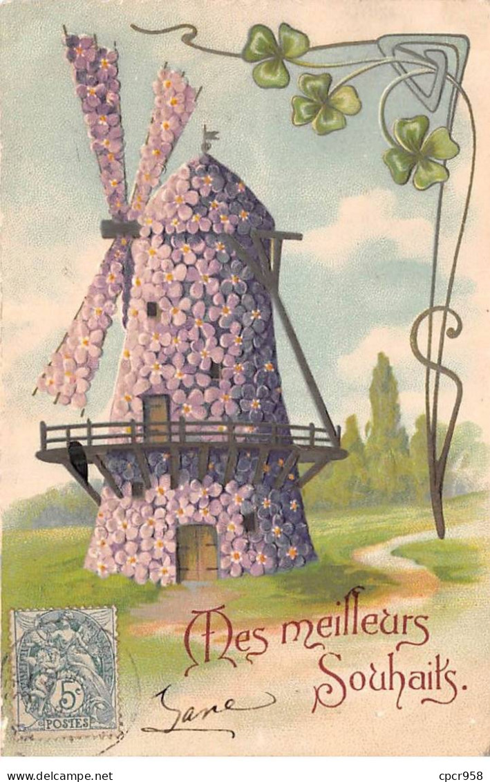 Nouvel An - N°90289 - Mes Meilleurs Souhaits - Moulin à Vent Fait En Violettes - Carte Gaufrée - Neujahr