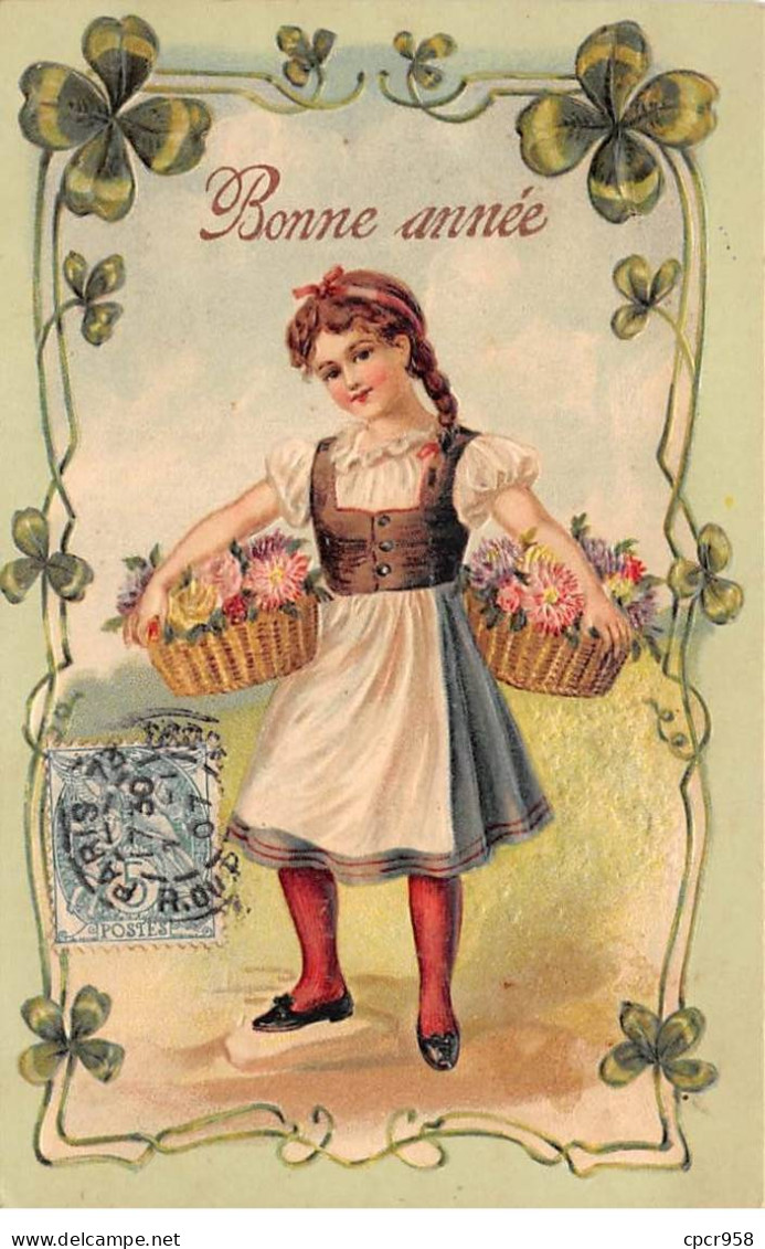 Nouvel An - N°90286 - Bonne Année - Jeune Fille Portant Des Paniers Remplies De Fleurs - Carte Gaufrée - Neujahr