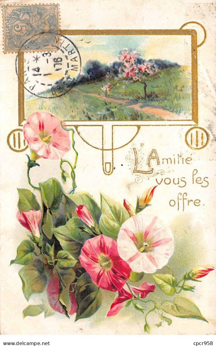 Fantaisie - N°90088 - L'Amitié Vous Les Offre - Paysage Et Fleurs - Carte à Gaufrée - Autres & Non Classés