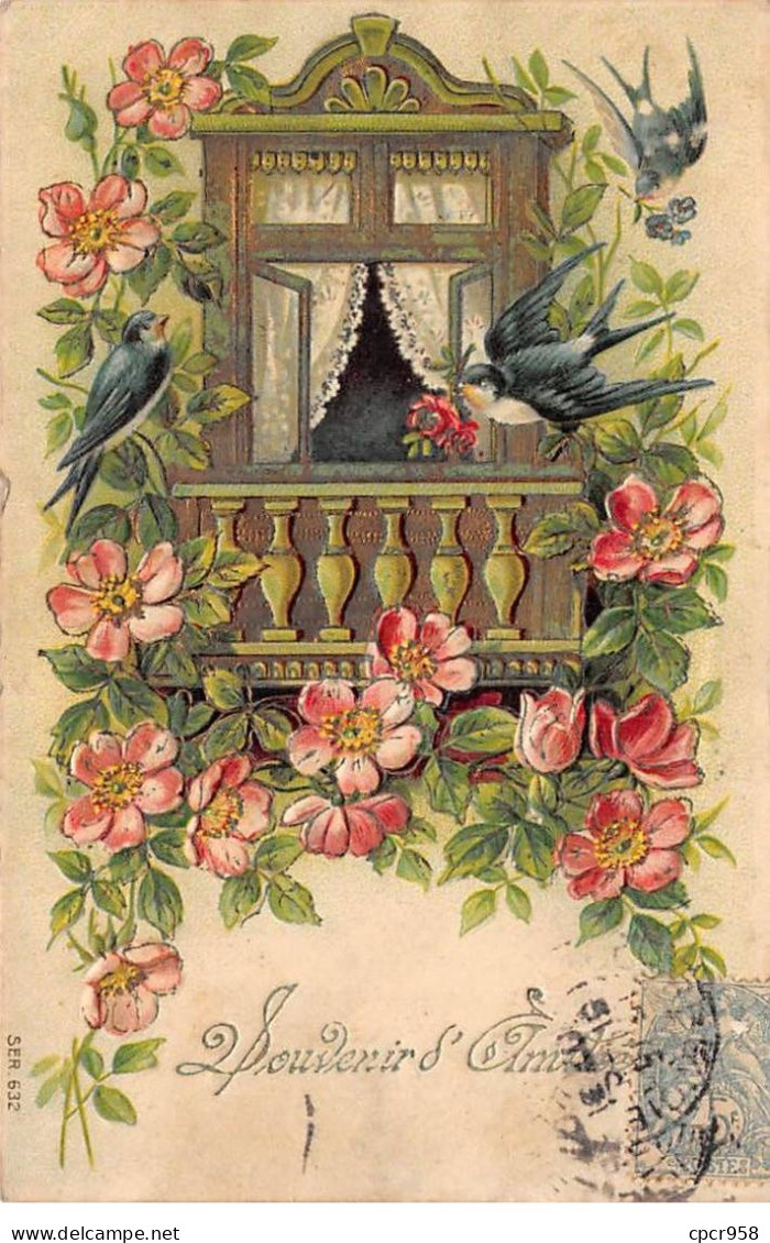 Fantaisie - N°90064 - Souvenir D'Amitié - Hirondelle, Près D'un Balcon Fleuri - Carte Gaufrée - Otros & Sin Clasificación