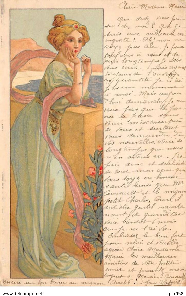 Illustrateur - N°89778 - Genre Mucha - Jeune Femme Rêvant Accoudée Sur Une Terrasse - Mucha, Alphonse