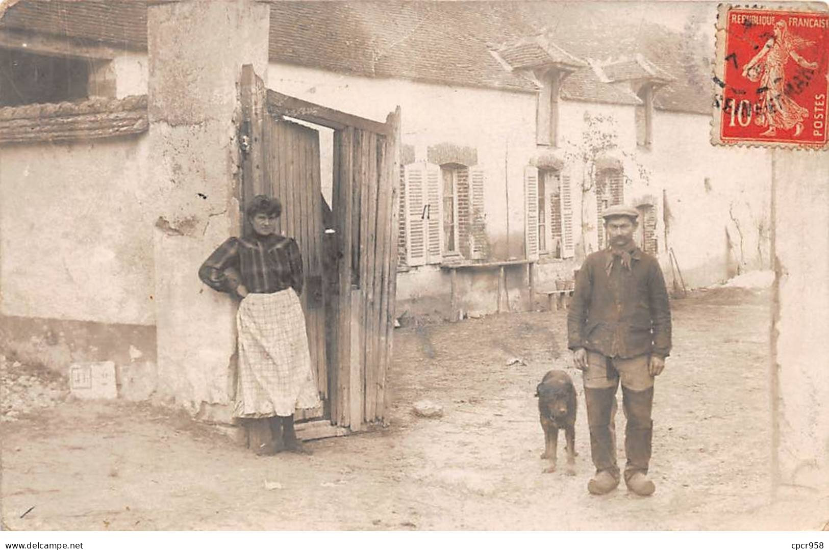 77 - N°90545 - DONNEMARIE-EN-MONTOIS - Un Couple Et Leur Chien Devant La Cour De Leur Ferme - Carte Photo - Autres & Non Classés