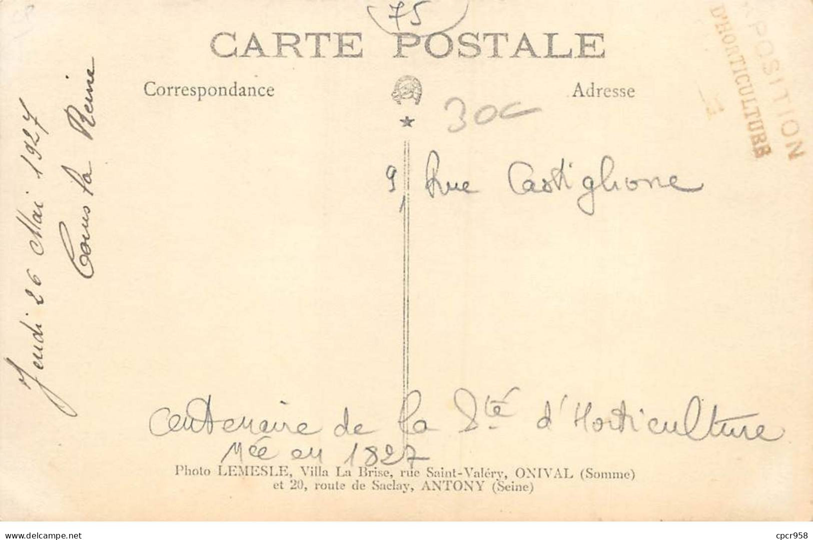 75 - N°90509 - PARIS - Centenaire De La Sté D'Horticulture - Rue Castiglione - Carte Photo - Petits Métiers à Paris