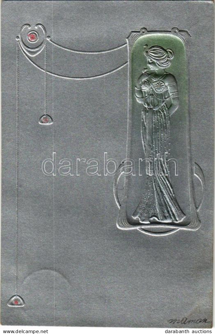 T2 1904 Ezüst Dombornyomott Szecessziós Művészlap / Art Nouveau Embossed Silver Art Postcard - Non Classés