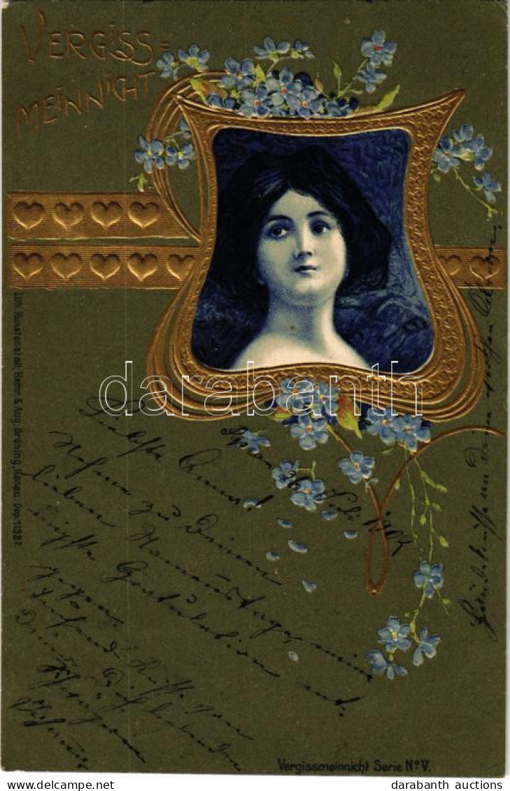 T2 1902 Vergissmeinnicht / Dombornyomott Szecessziós Művészlap / Art Nouveau Embossed Litho Art Postcard. Heinr. & Aug.  - Non Classés