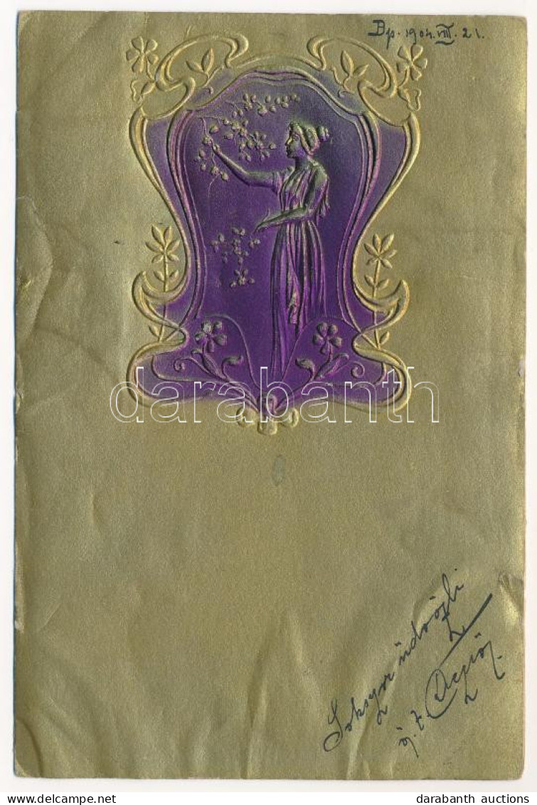 T3/T4 1904 Arany Dombornyomott Szecessziós Művészlap / Art Nouveau Embossed Golden Art Postcard (ázott / Wet Damage) - Sin Clasificación