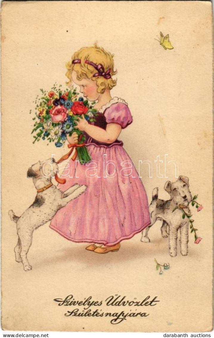 * T2/T3 Szívélyes üdvözlet Születésnapjára, Kislány Kutyákkal / Name Day Greeting, Girl With Dogs. Pittius - Unclassified