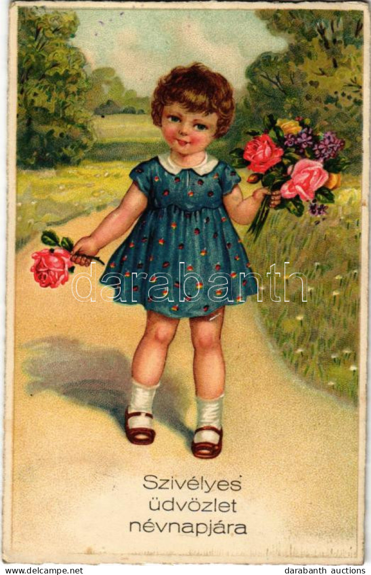 T2/T3 1941 Szívélyes üdvözlet Névnapjára. Kislány Virácsokorral / Name Day Greeting, Girl With Flowers. B. Co. B. 9882/2 - Unclassified