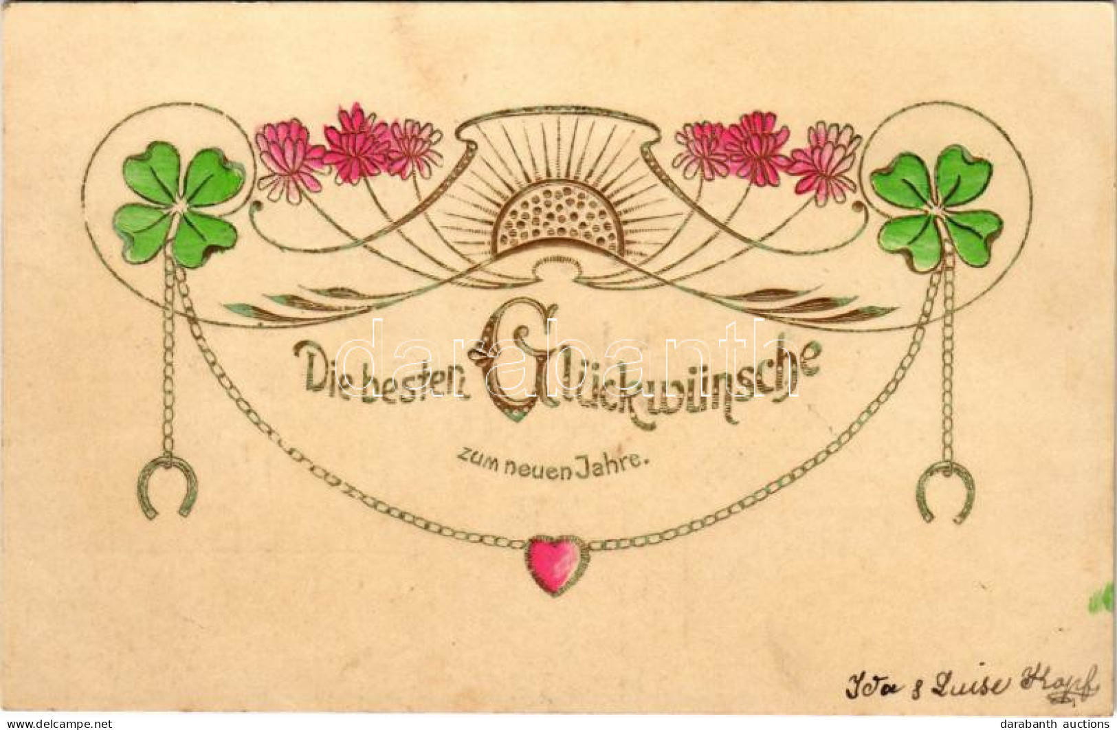 T2/T3 Die Besten Glückwünsche Zum Neuen Jahre / New Year Greeting With Flowers, Clovers, Hoershoe. Art Nouveau Emb. (fl) - Non Classés