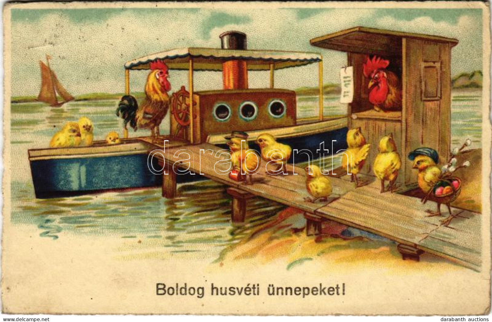 T2/T3 Boldog Húsvéti ünnepeket / Easter Greeting Art Postcard With Chicken And Steamship (EK) - Zonder Classificatie