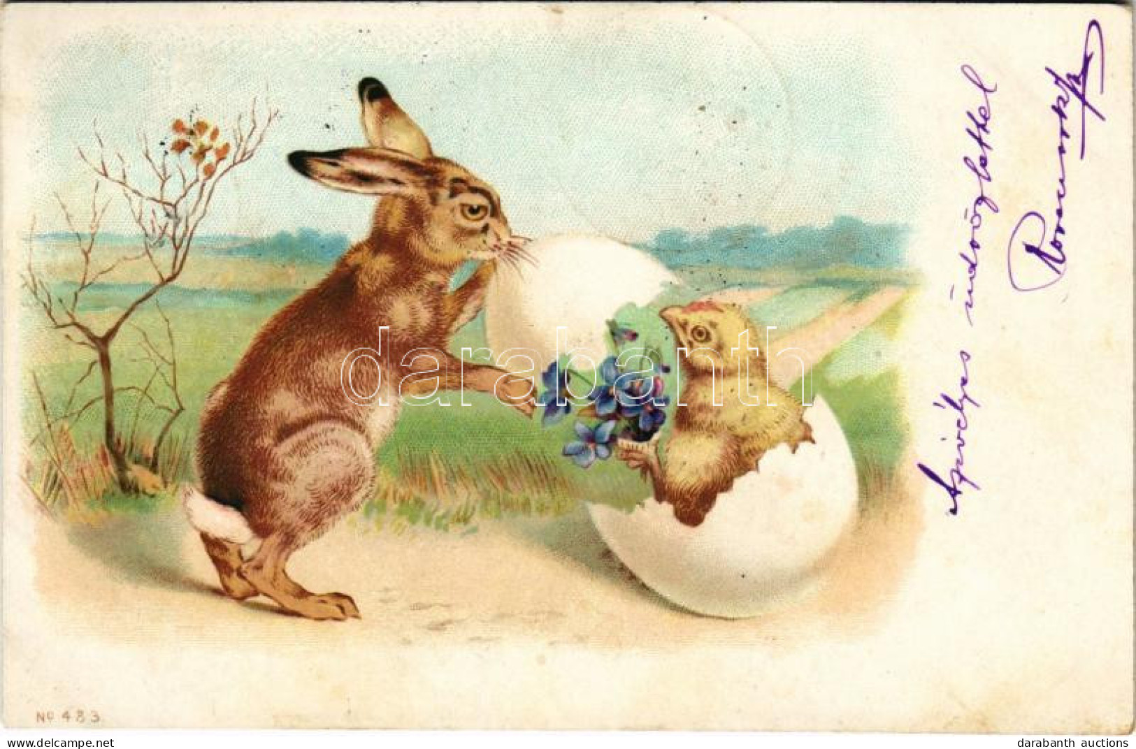 T2/T3 1900 Húsvéti üdvözlet / Easter Greeting Art Postcard With Rabbit And Chicken. Litho (fl) - Non Classés