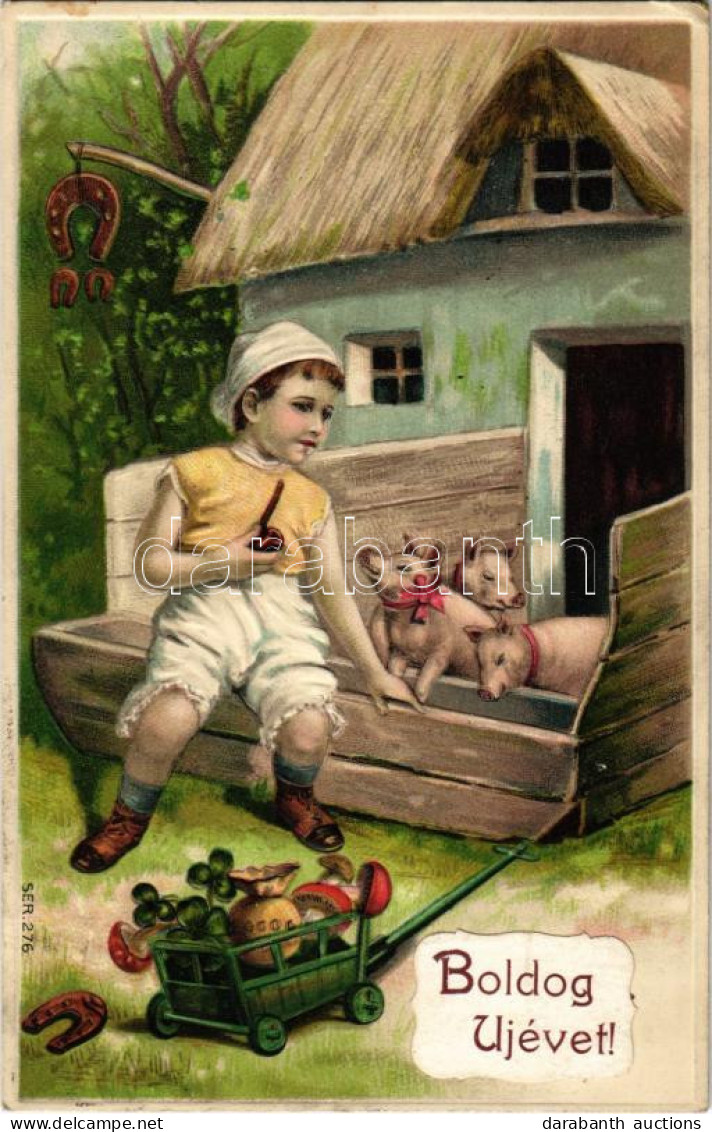 T4 Boldog Újévet / New Year Greeting Art Postcard With Boy, Horseshoes, Clovers, Mushrooms And Pigs. Emb. Litho (lyuk /  - Unclassified