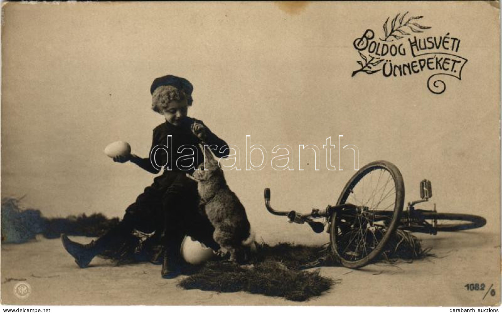 T2/T3 1910 Boldog Húsvéti ünnepeket / Easter Greeting With Girl, Egg, Bicycle And Rabbit (EK) - Ohne Zuordnung