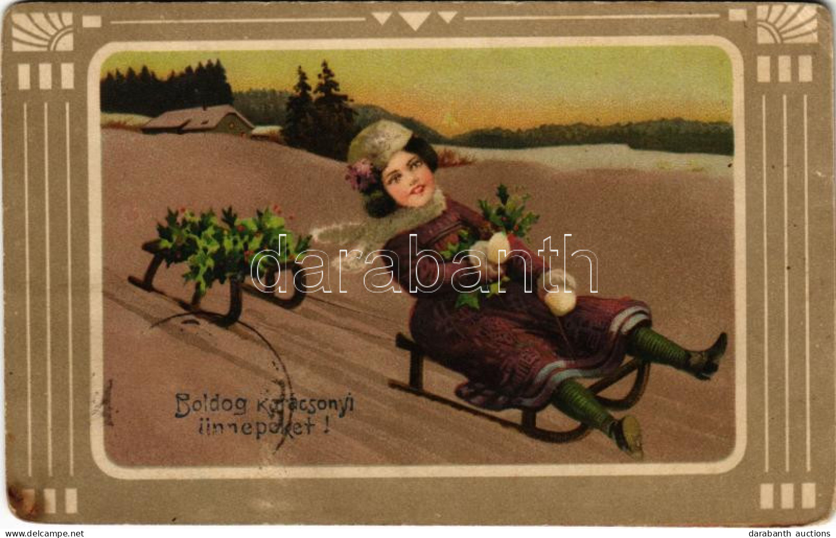 * T3 Boldog Karácsonyi ünnepeket / Christmas Greeting Art Postcard With Sledding Lady, Winter Sport. Art Nouveau, Litho  - Non Classés