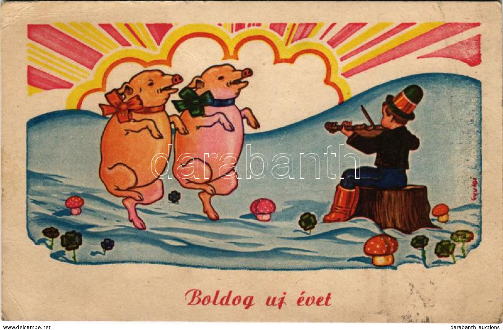 T2/T3 Boldog új évet! Malac Tánc / New Year Greeting, Pig Dance S: Gyulai (EK) - Non Classés