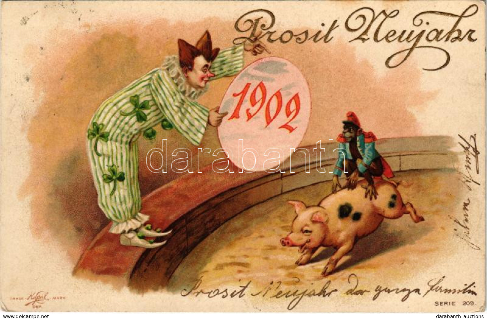 T2/T3 1902 Prosit Neujahr / New Year Greeting Art Postcard With Circus Clown, Monkey Riding On A Pig, Clovers. Litho (EK - Ohne Zuordnung