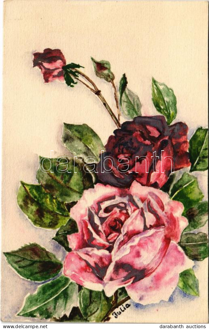 * T2 1925 Rózsák, Kézzel Készült, Festett Képeslap / Roses, Hand-made Postcard S: Julia (non PC) - Ohne Zuordnung