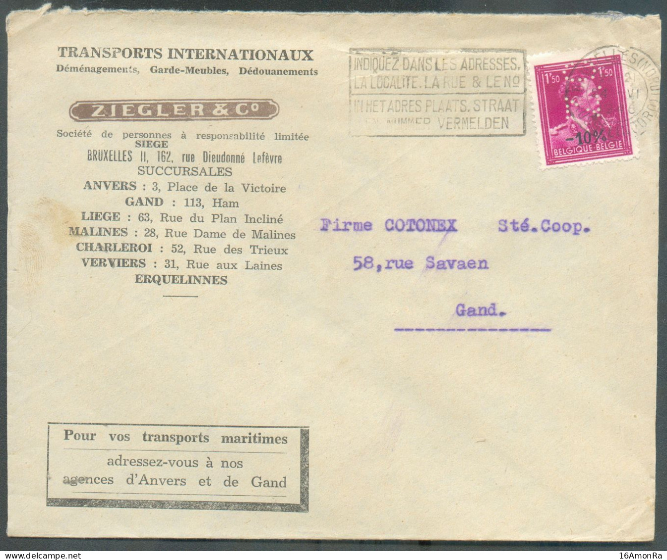 LEOPOLD II 1Fr.50 Col Ouvert -10% Perforé Z.O? (Transports ZIEGLER) Obl. Dc BRUXELLES (NORD) Sur Lettre Du 24-VI-46 Vers - 1946 -10%