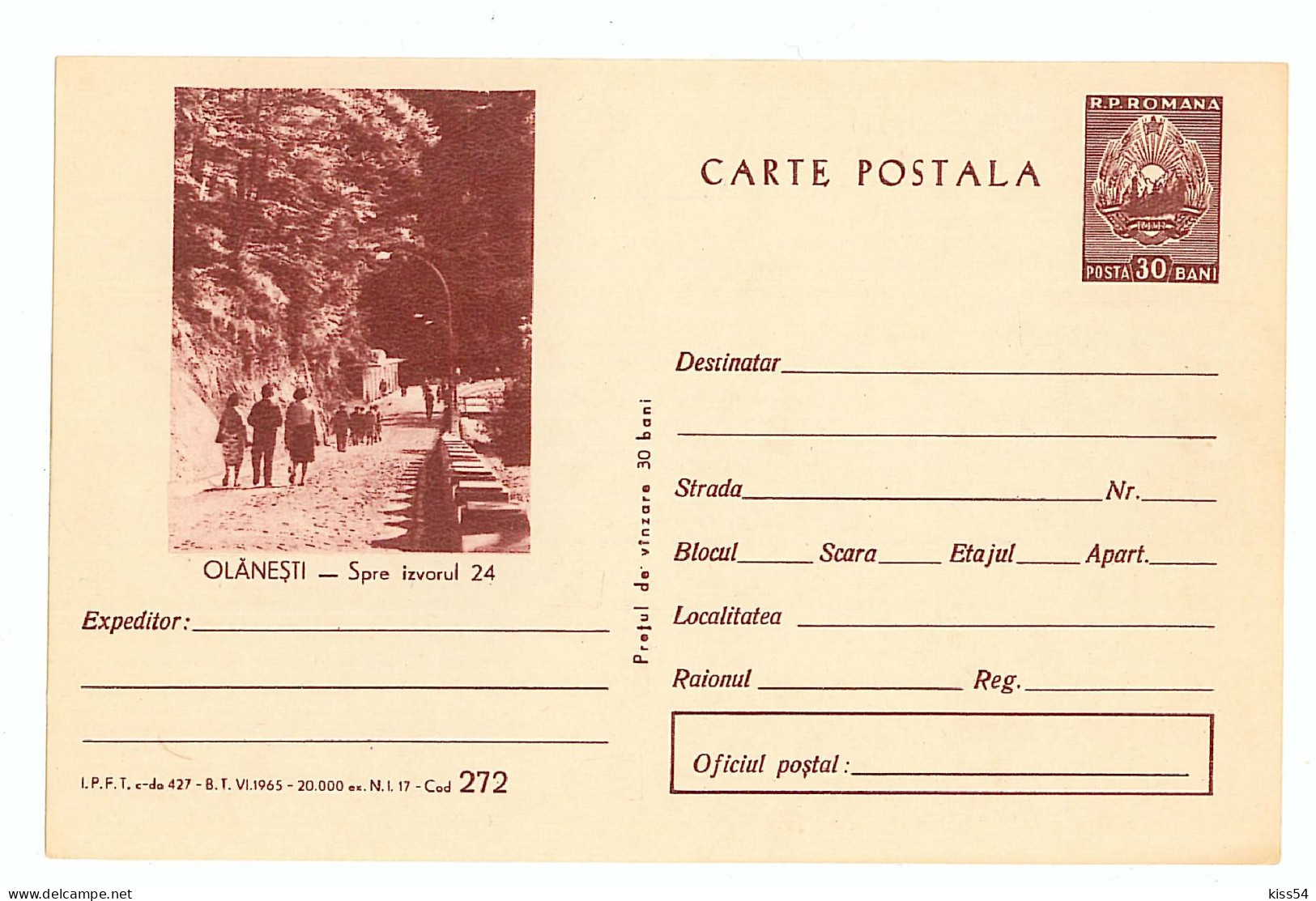 IP 65 A - 272 TOURISM, OLANESTI To The Mineral Springs, Romania - Stationery - Unused - 1965 - Entiers Postaux