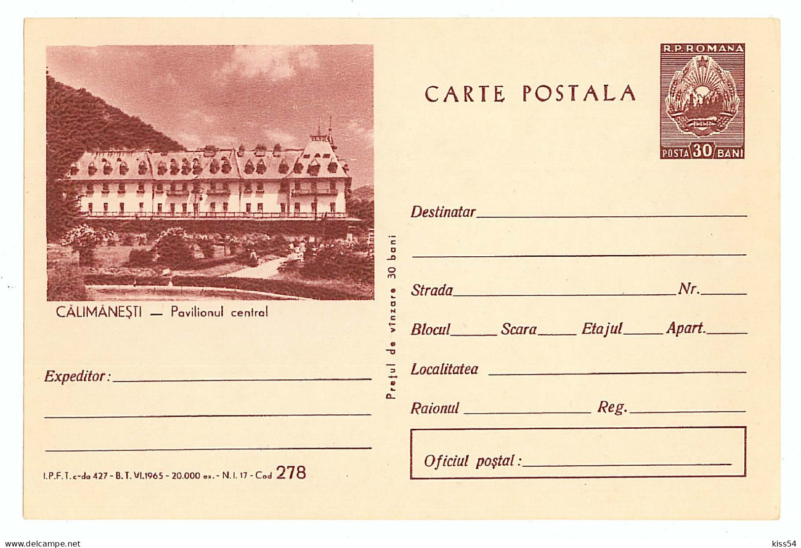 IP 65 A - 278 TOURISM, CALIMANESTI, Romania - Stationery - Unused - 1965 - Entiers Postaux