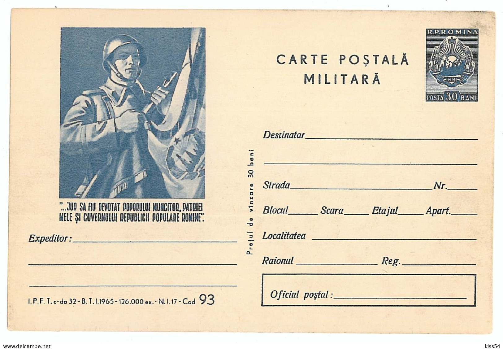 IP 65 A - 93 The Military Oath, Romania - Stationery - Unused - 1965 - Entiers Postaux