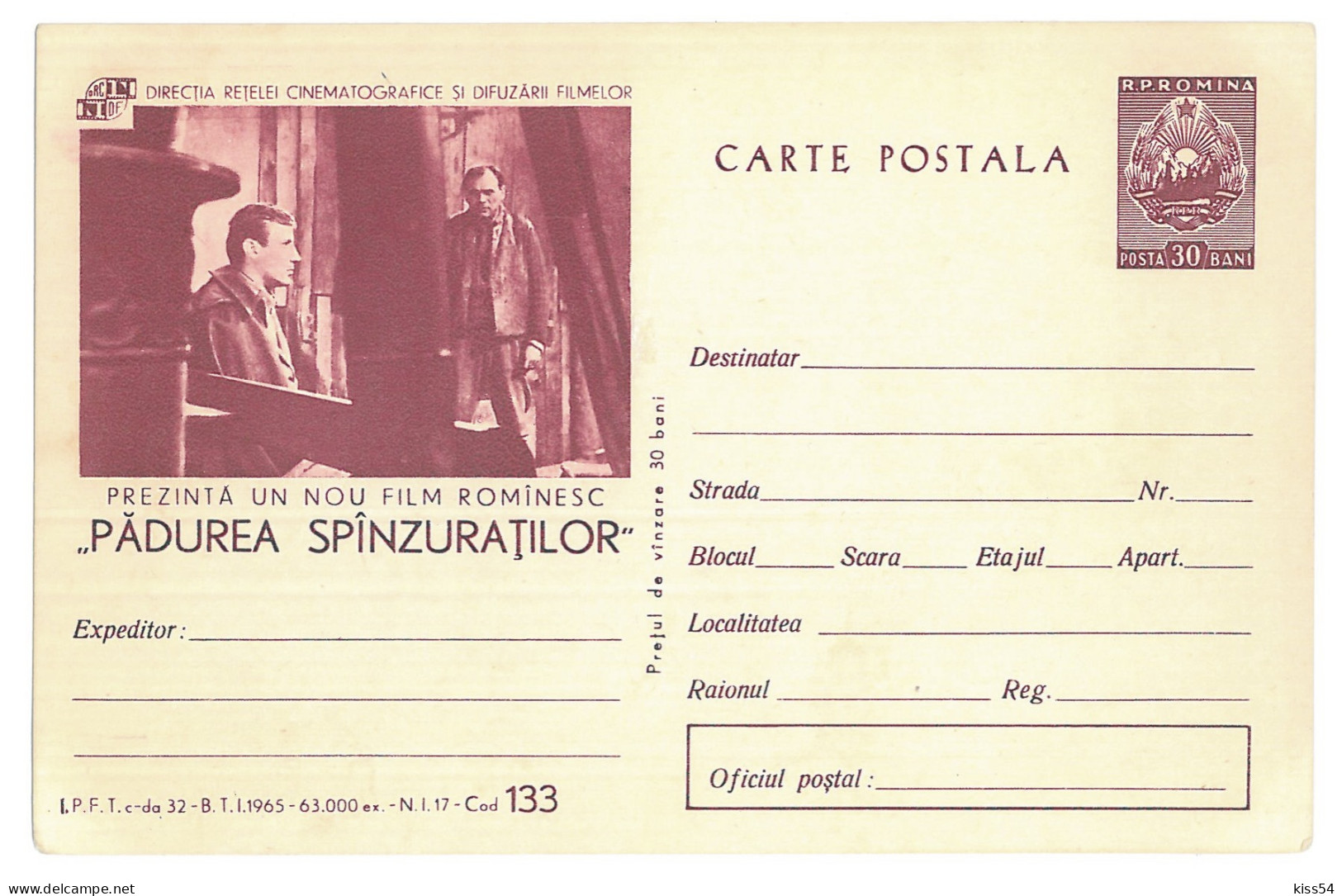 IP 65 A - 133 FILM, Padurea Spanzuratilor, Romania - Stationery - Unused - 1965 - Ganzsachen