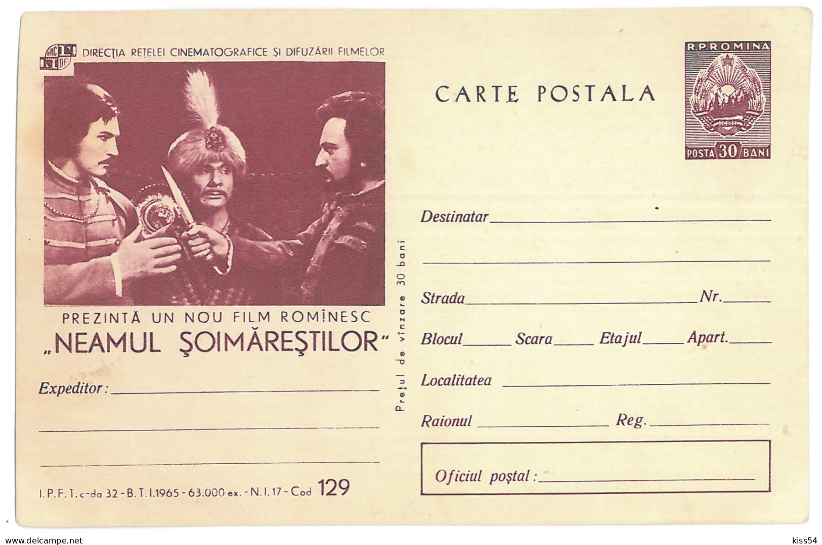 IP 65 A - 129 FILM, Neamul Soimarestilor, Romania - Stationery - Unused - 1965 - Enteros Postales