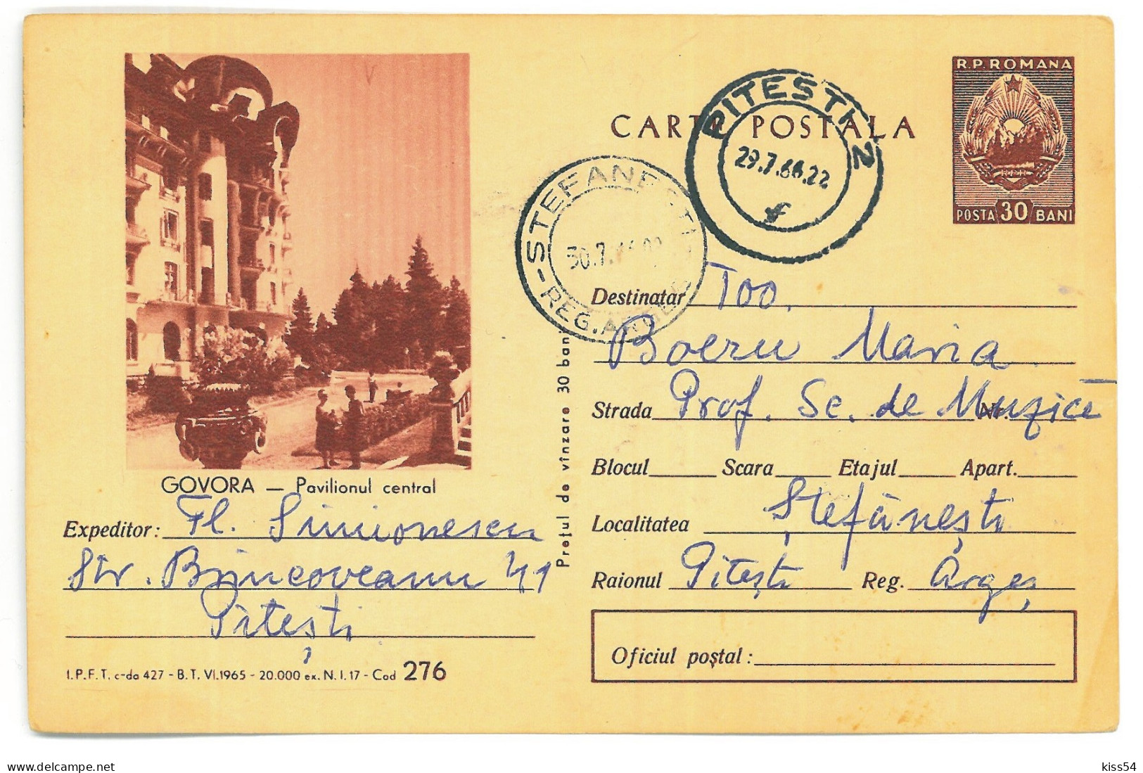 IP 65 A - 0276 GOVORA, Valcea, SPA, Romania - Stationery - Used - 1965 - Interi Postali