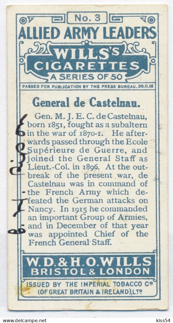 CT 2 - 3 FRANCE, General De CASTELNAU, Allied Army Leader - Old Wills's Cigarettes - 68/35 Mm - Wills