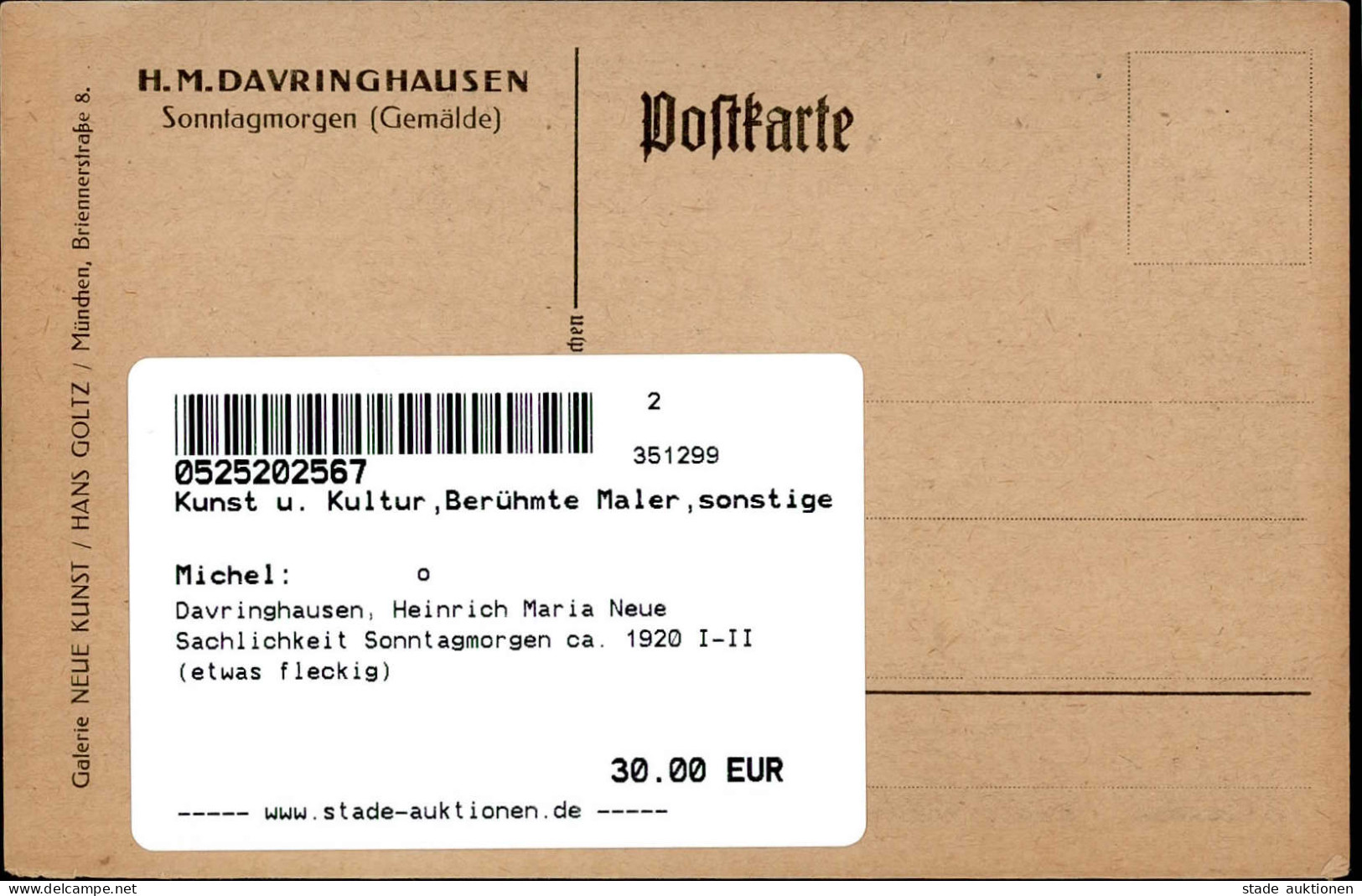 Davringhausen, Heinrich Maria Neue Sachlichkeit Sonntagmorgen Ca. 1920 I-II (etwas Fleckig) - Autres & Non Classés