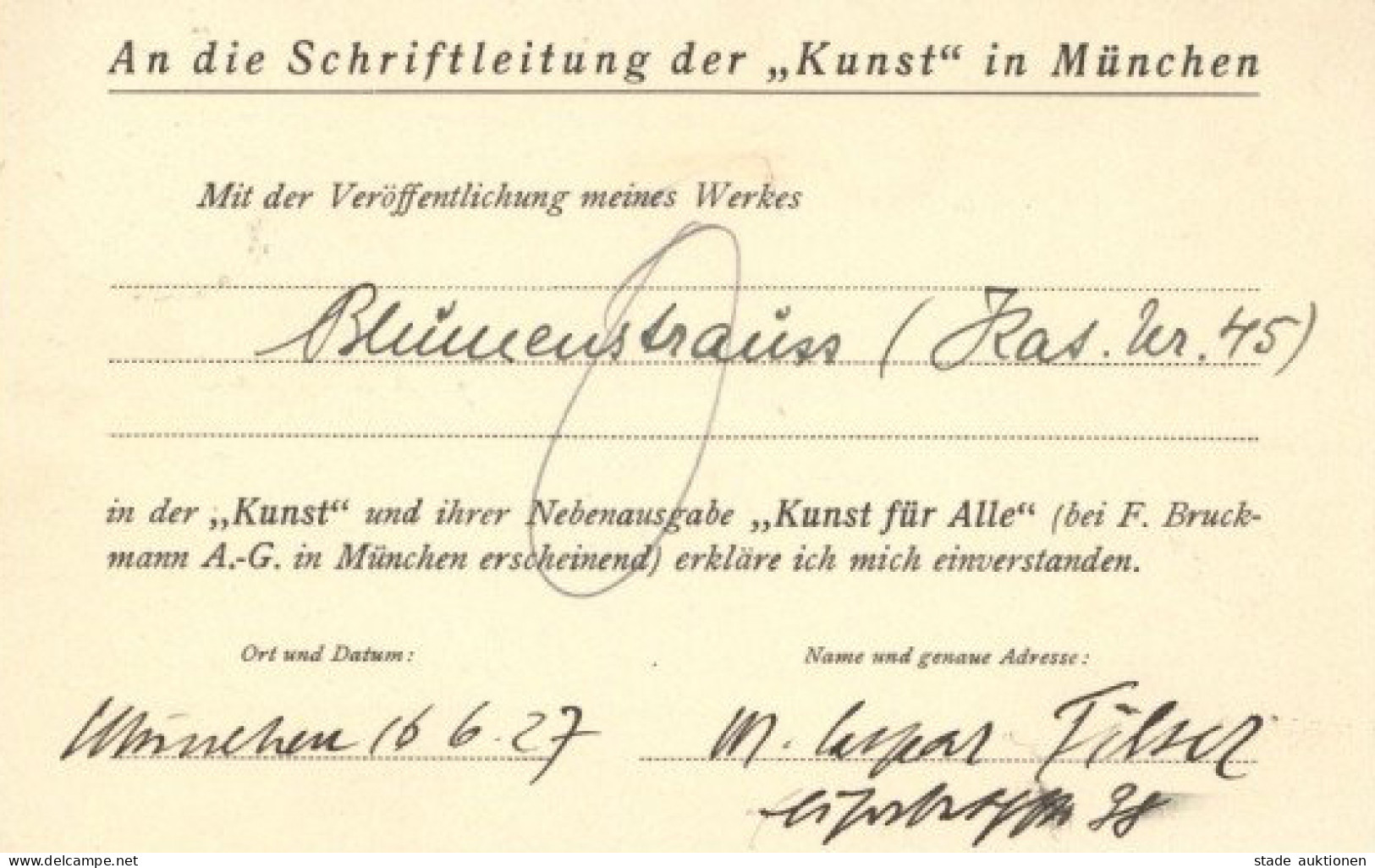 Kunstgeschichte München Caspar-Filser, Maria Handschriftlich Ausgefüllte Karte Für Die Zeitschrift Kunst Für Alle 1927 I - Autres & Non Classés
