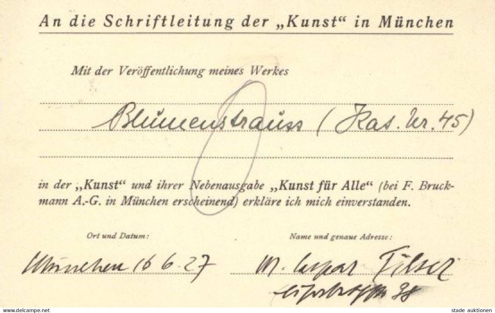 Kunstgeschichte München Caspar-Filser, Maria Handschriftlich Ausgefüllte Karte Für Die Zeitschrift Kunst Für Alle 1927 I - Sonstige & Ohne Zuordnung