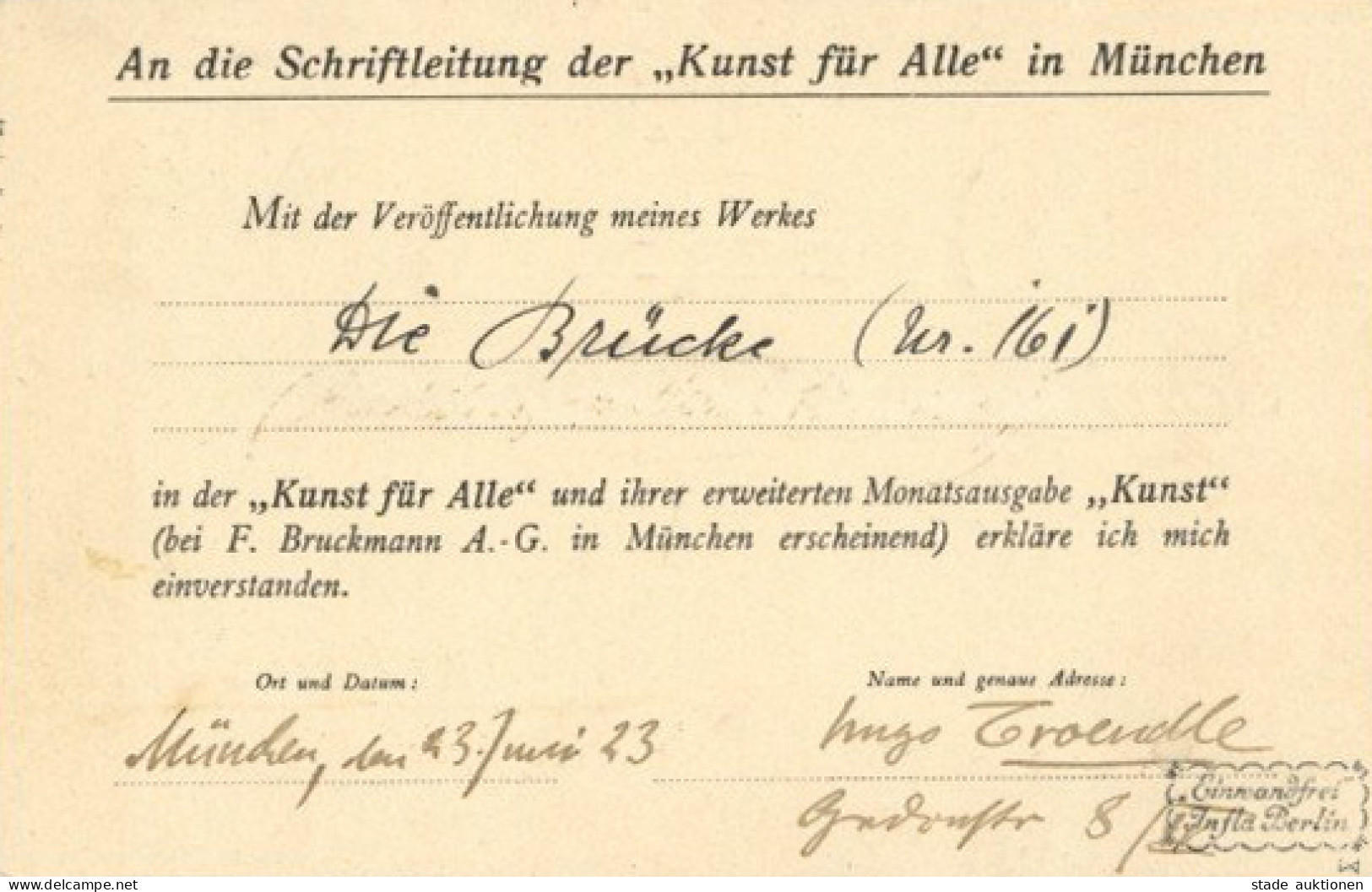 Kunstgeschichte München Troendle, Hugo Handschriftlich Ausgefüllte Karte Für Die Zeitschrift Kunst Für Alle 1923 I-II - Autres & Non Classés