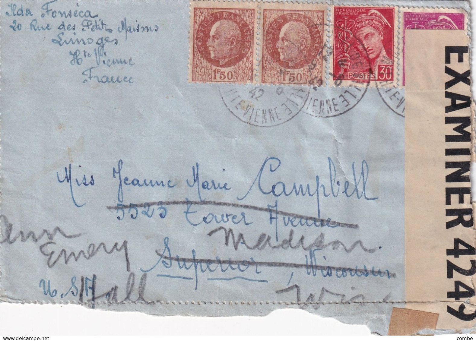 LETTRE. 9 6 42. AFFRANCHISSEMENT COMPOSE PETAIN MERCURE. LIMOGES POUR WISCONTI. BANDE CENSURE - Storia Postale