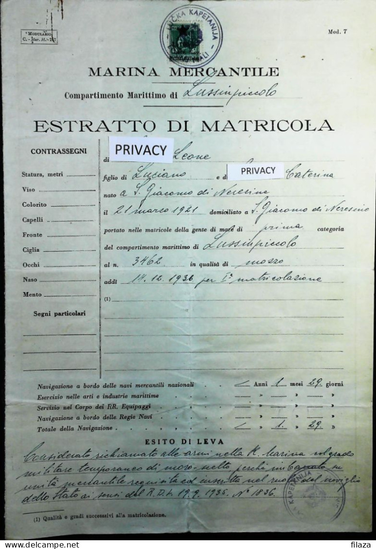 1945 (?) ISTRA SLOV. PRIM.RIJEKA SOPRASTAMPA Su MARCA DA BOLLO ITALIA REGNO - LUSSINPICCOLO - S6934 - Revenue Stamps