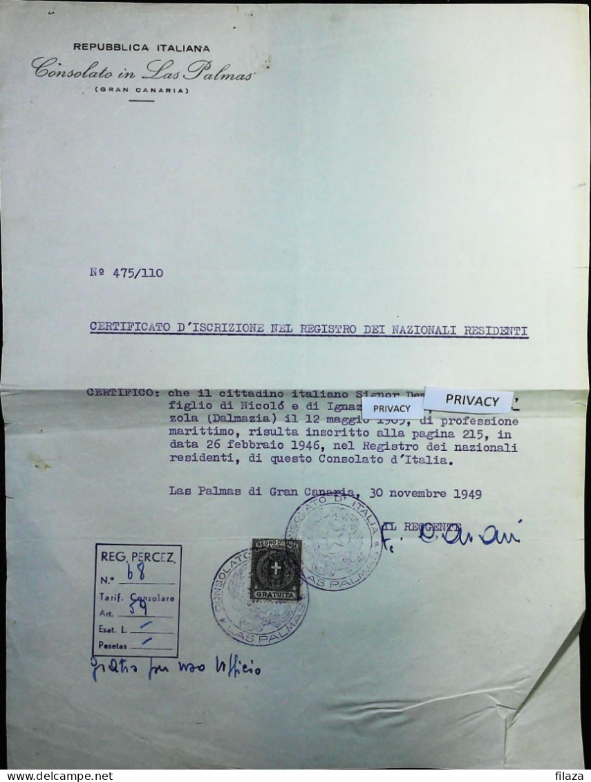 1949 DOCUMENTO - MARCA DA BOLLO CONSOLARE ITALIA REGNO - GRAN CANARIA - S6873 - Fiscaux