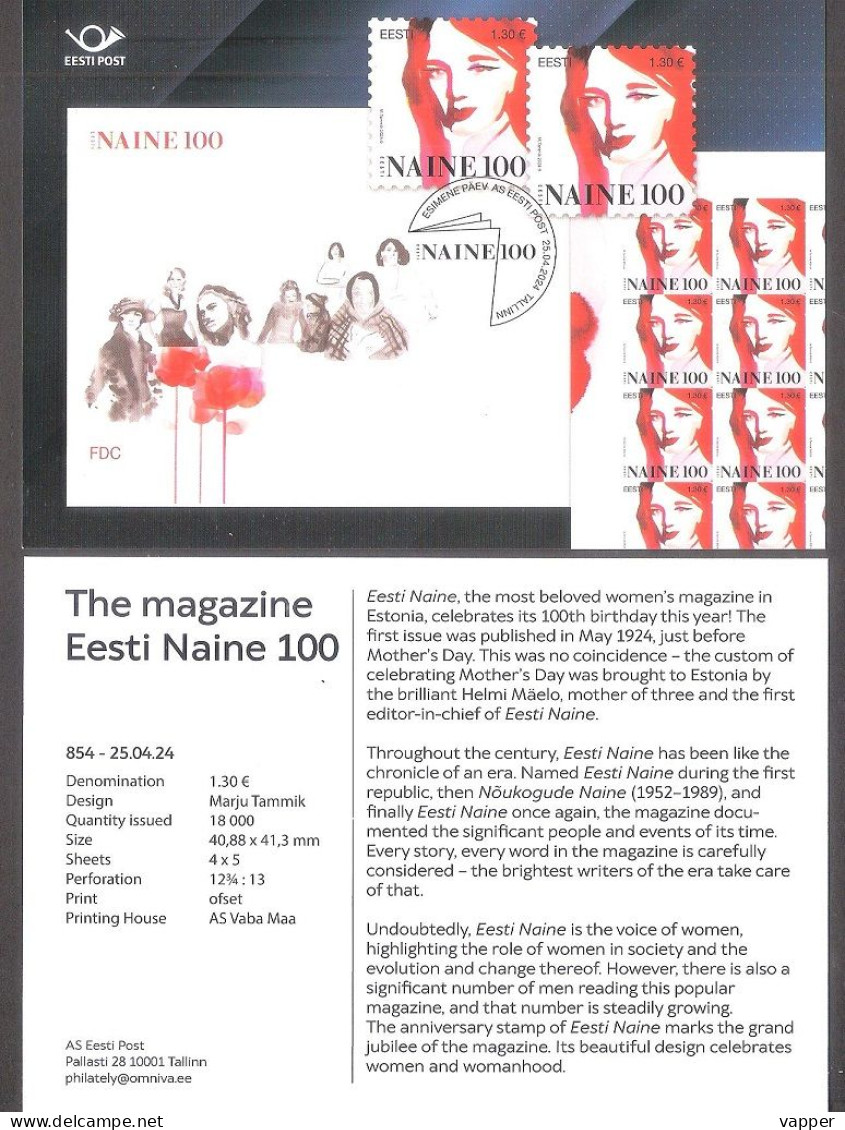 The Magazine Eesti Naine 100 Estonia 2024 Stamp Presentation Card (eng) Mi 1102 - Estland